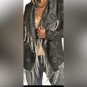 Powder River Aztec jacquard wool fringe jacket.